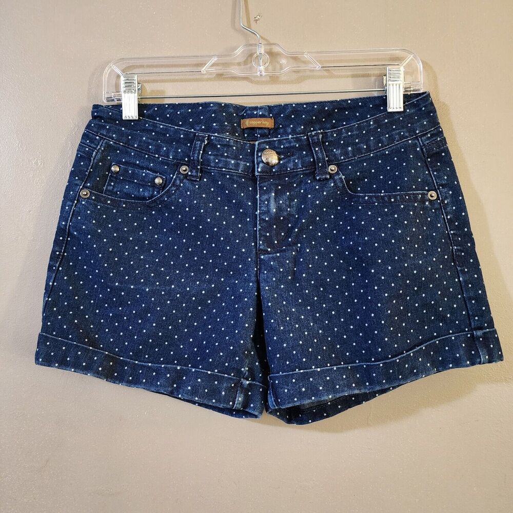 Copper Key Womens Cuffed Midi Jean Shorts Size 7 Blue Polka Dot Mid Rise Stretch